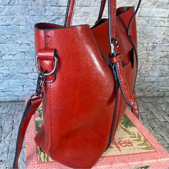 Popoti Red Leather Shoulder Bags Messenger Crossbody Tote with Adjustable Straps - Picture 6 of 13